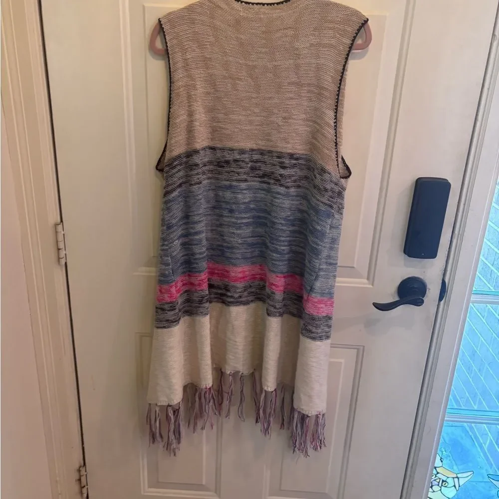 Anthropologie Umgee Cream, Blue & Pink Striped Open Front Fringe Vest
